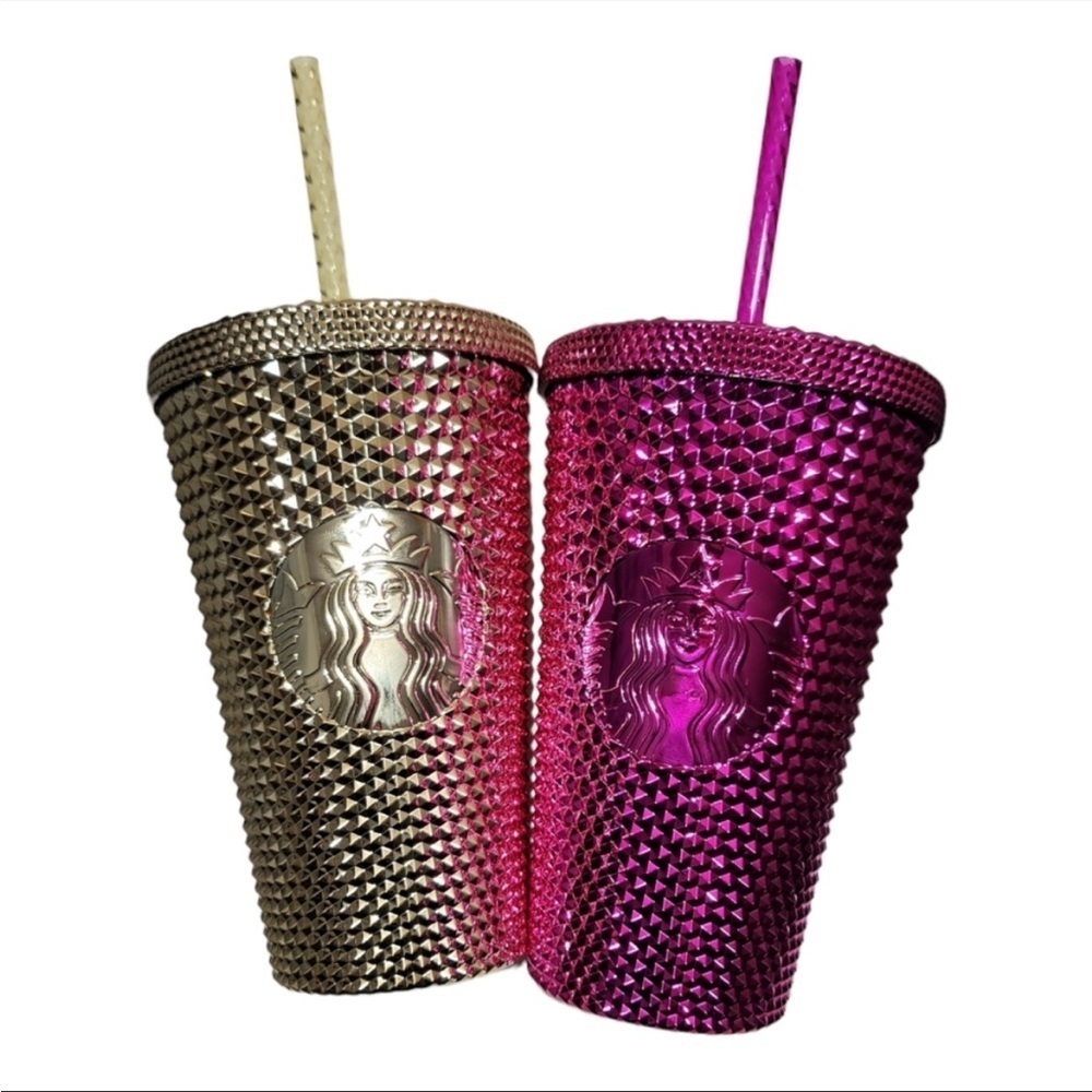 Starbucks Limited Edition Metallic Chrome Set 2 Tumblers Gold & Pink NEW - Picture 4 of 5